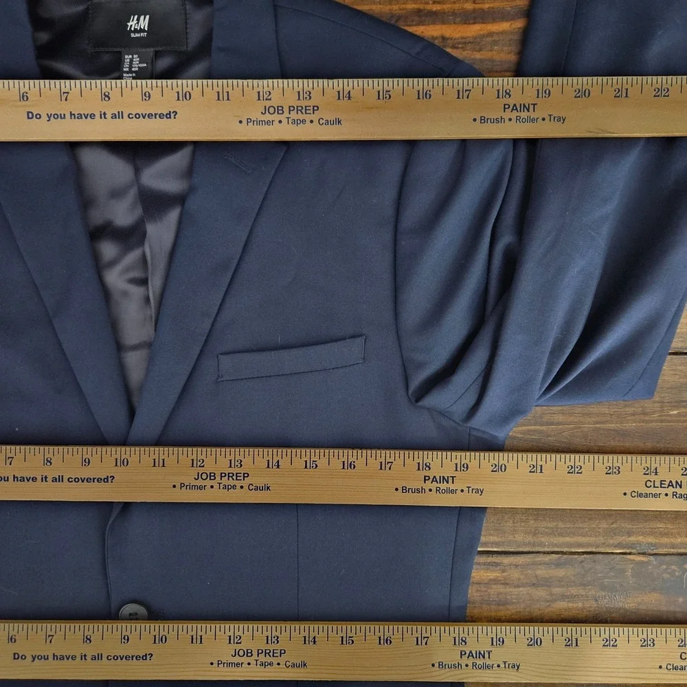 H&M Men's Two Button Sport Coat Blazer Navy Polyester‎ Blend Slim Fit 40R